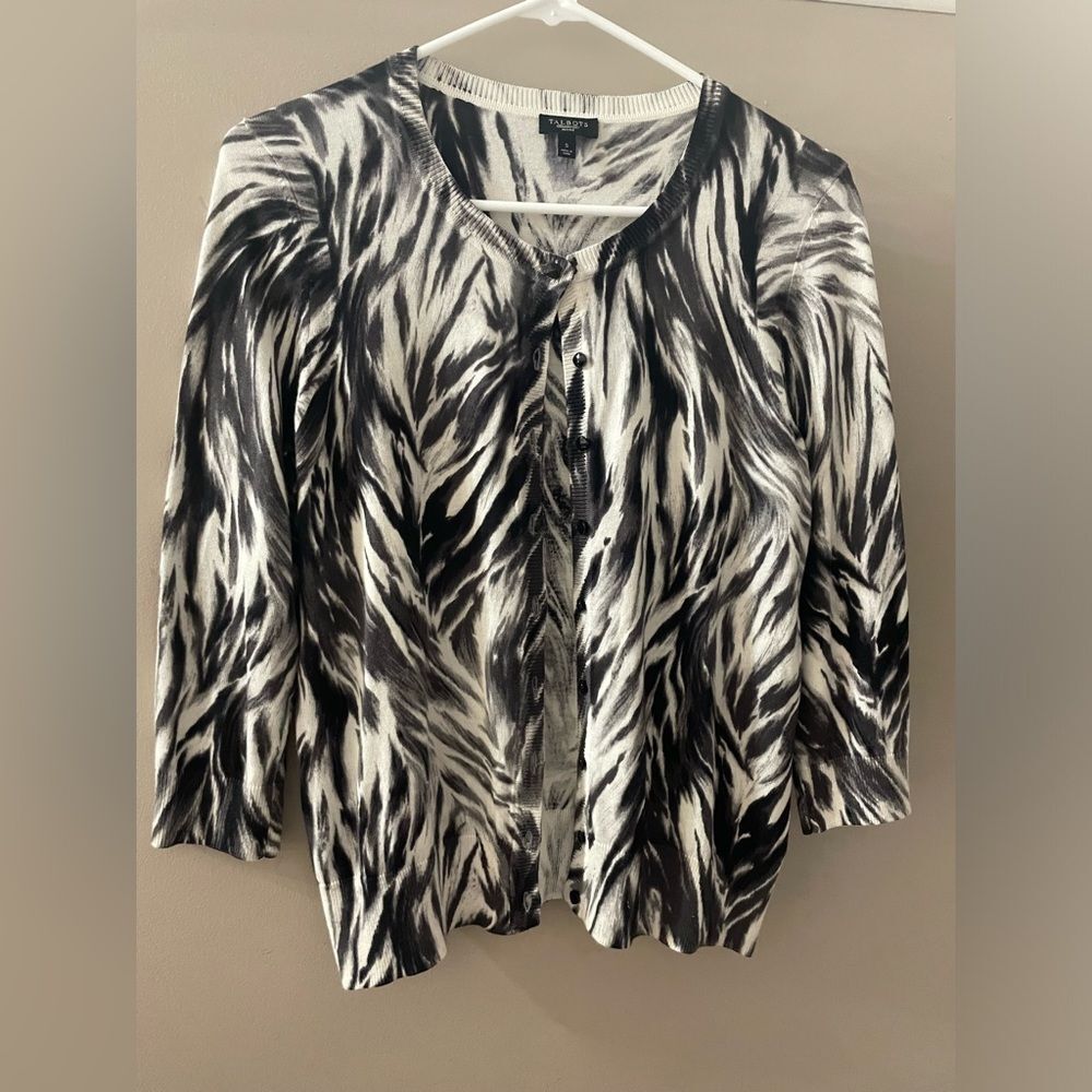 Talbots black grey white Small Petite fancy button cardigan EUC